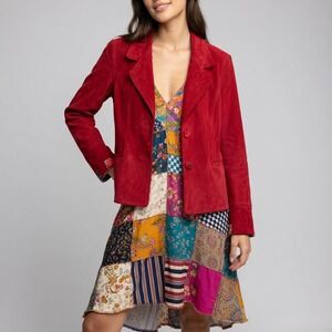 Y2K Vintage Red Suede Leather Blazer Jacket Notched Lapel Medium